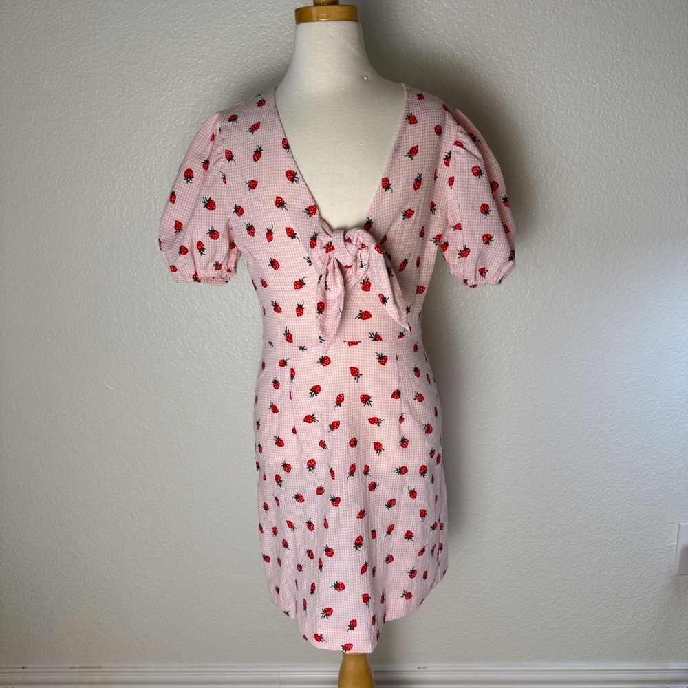 Seersucker pink/white gingham strawberry print short dress XXS front tie
